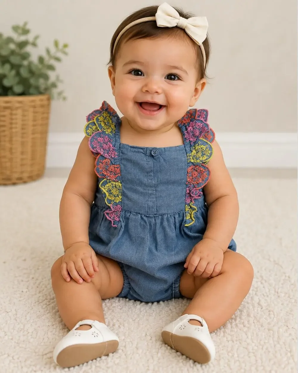 Old Navy Baby Girl Jean Romper Chambray Eyelet Ruffled 6-12 Months